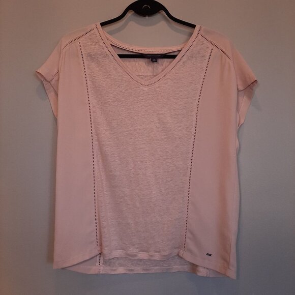 TOMMY HILFIGER Linen Panel Eyelet Tshirt Sheer Top Pink Womens Size Small - Picture 10 of 14